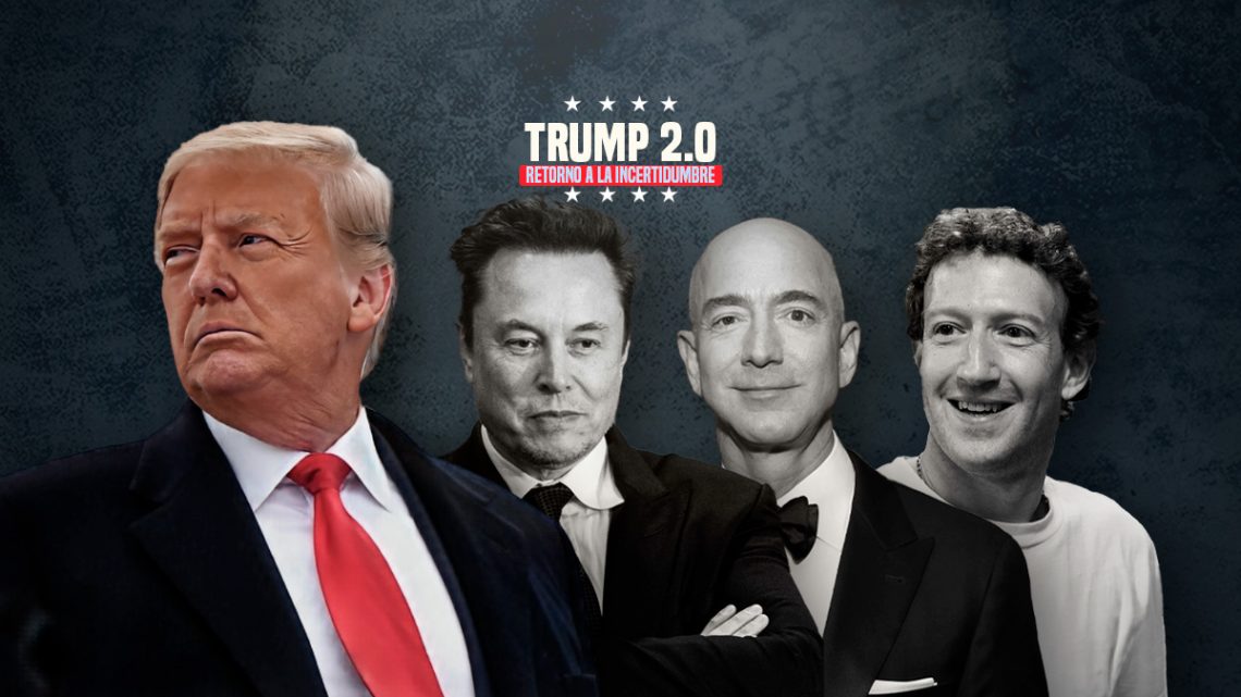 El presidente Donald Trump, Elon Musk, Jeff Bezos y Mark Zuckerberg.